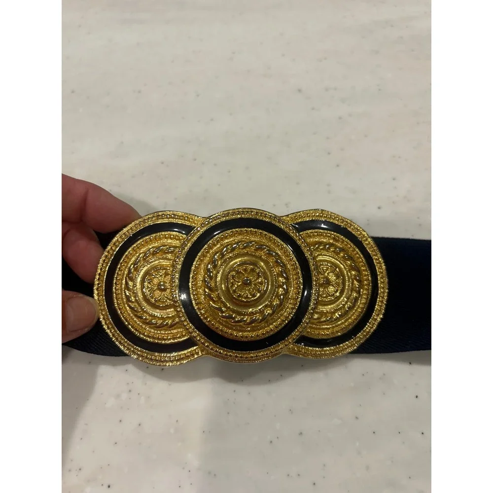 Mimi Lewis Vintage Navy Blue Elastic Cinch Belt Gold Triple Medallion Buckle